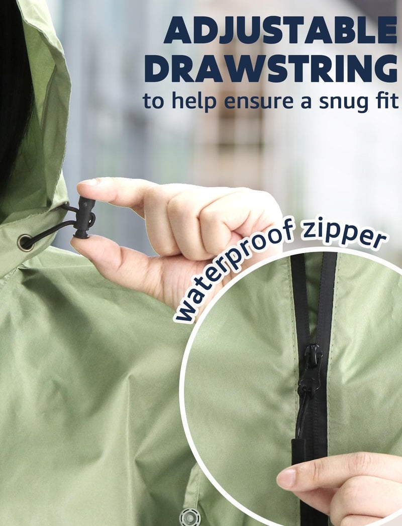 ANYOO Waterproof Rain Poncho Lightweight Reusable Hiking Hooded Coat Jacket for Outdoor Activities(Tea green) - Image 5